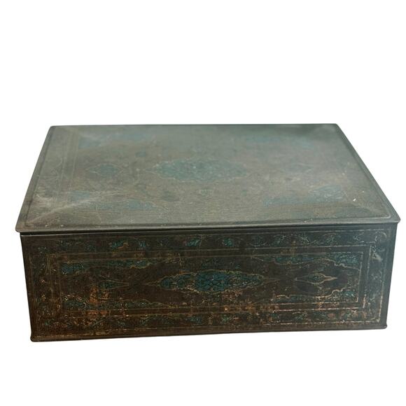 Vintage Persian-Style Tin Box – Blue & Gold Embossed – Lined Storage 10.5” - Picture 1 of 6